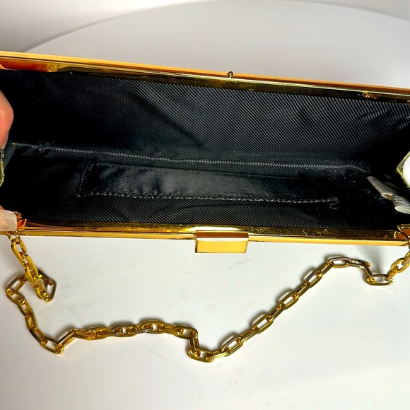 VINTAGE green tiger stripe clutch handbag hand painted canvas with gold chain - Picture 8 of 12